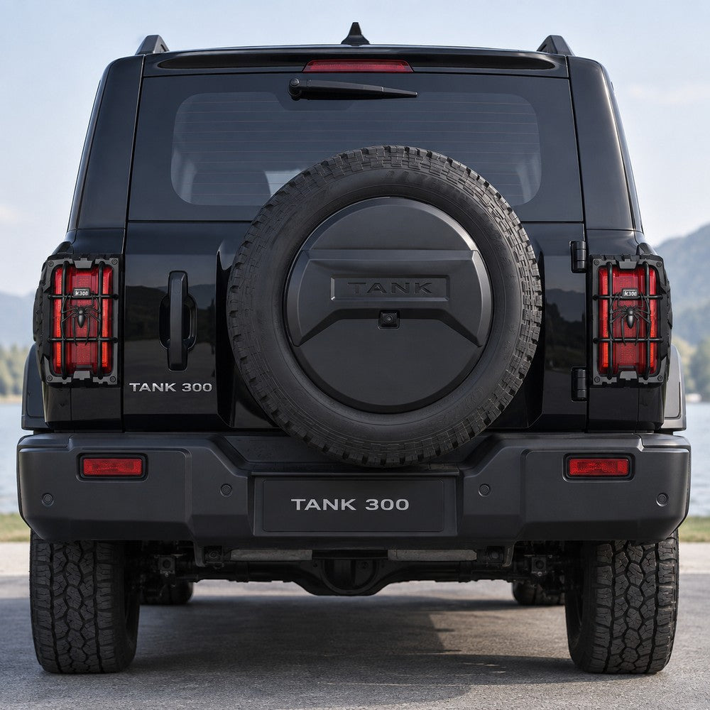 TANK 300 with black headlight and taillight protection covers installed, shown from the full rear view