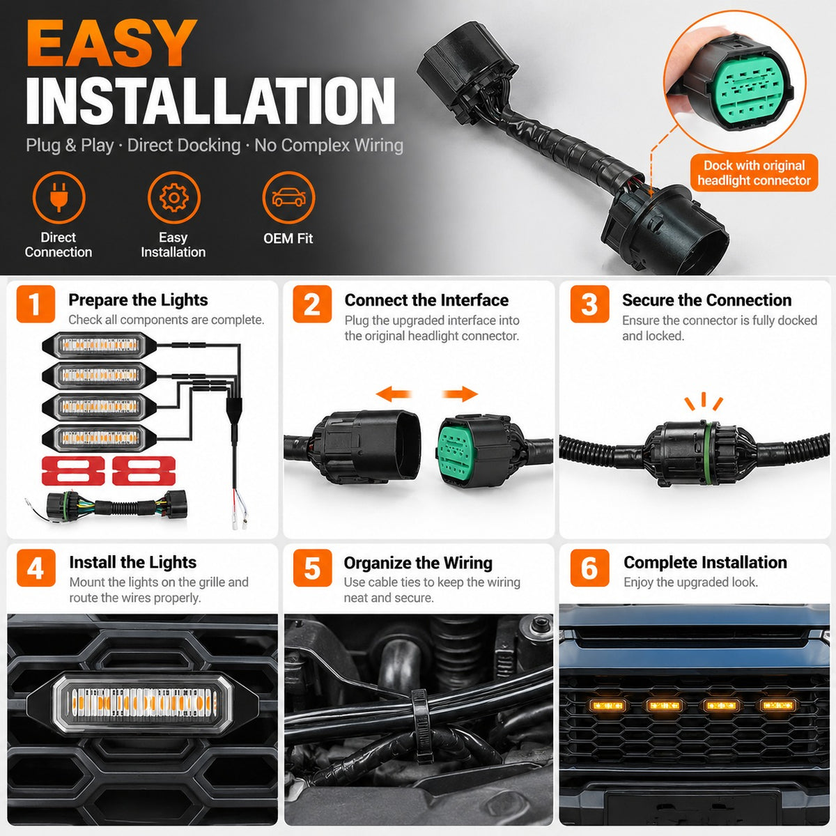 TANK 300 medium mesh LED grille light docking installation using the upgraded interface with the original headlight connector