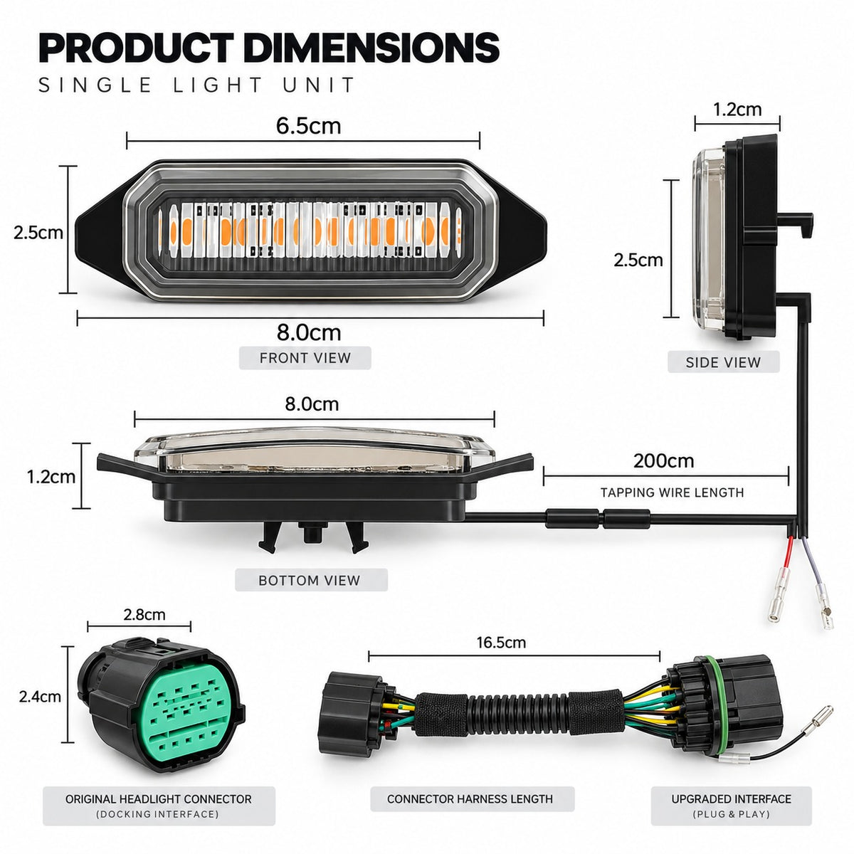 TANK 300 medium mesh yellow LED front grille light with product dimensions, light size, tapping wire length, connector harness and docking interface measurements