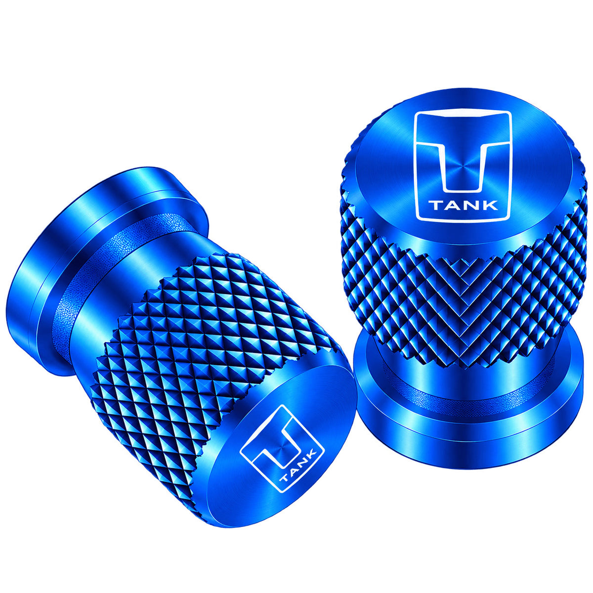 Two blue TANK-4 aluminum tire valve caps with diamond knurled texture and TANK logo