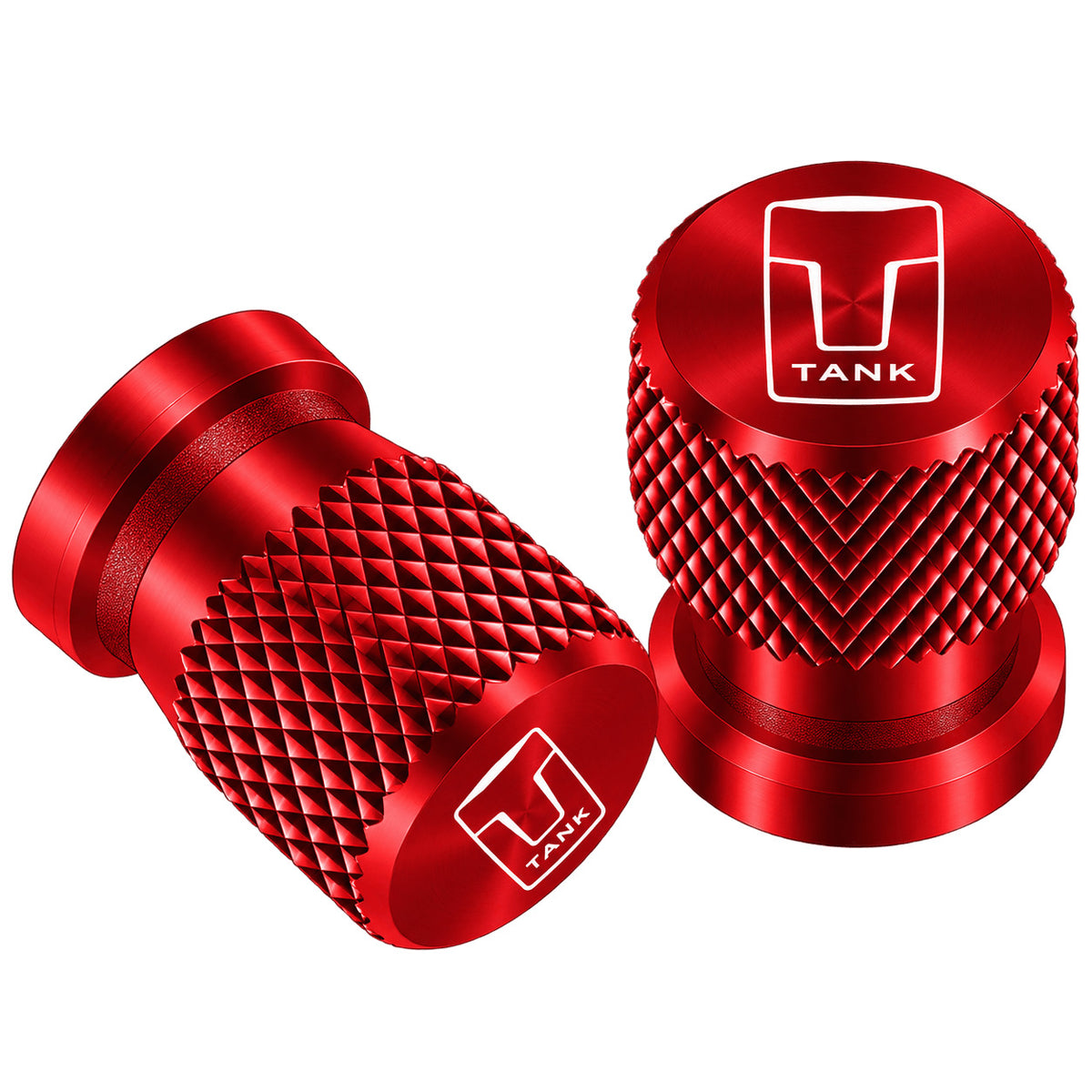 Two red TANK-5 aluminum tire valve caps with diamond knurled texture and TANK logo