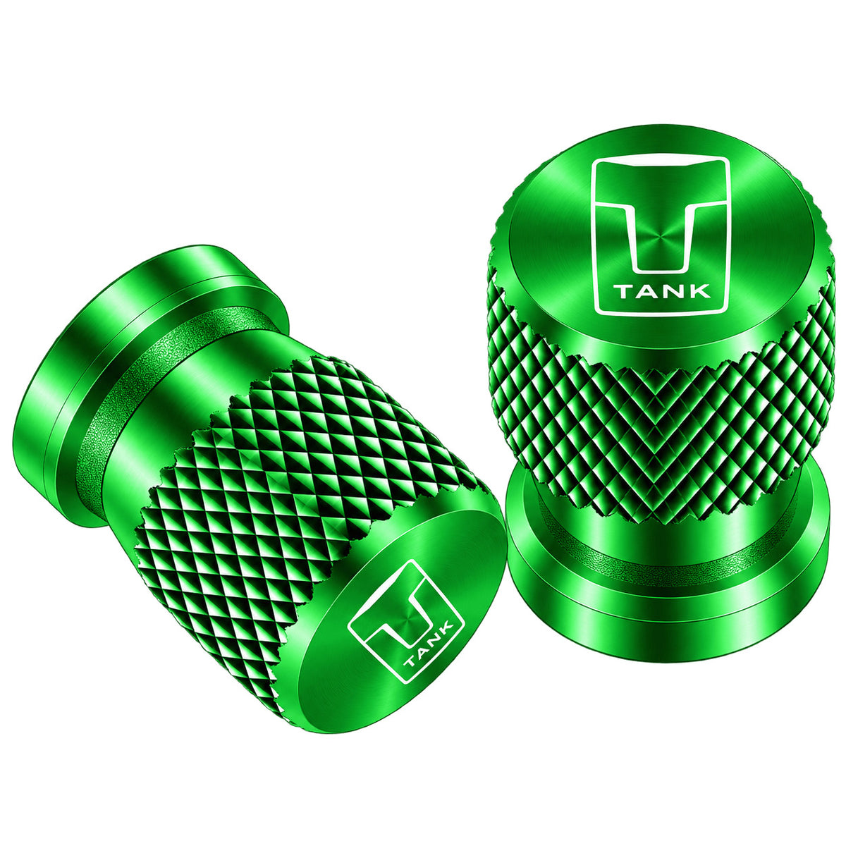 Two green TANK-6 aluminum tire valve caps with diamond knurled texture and TANK logo