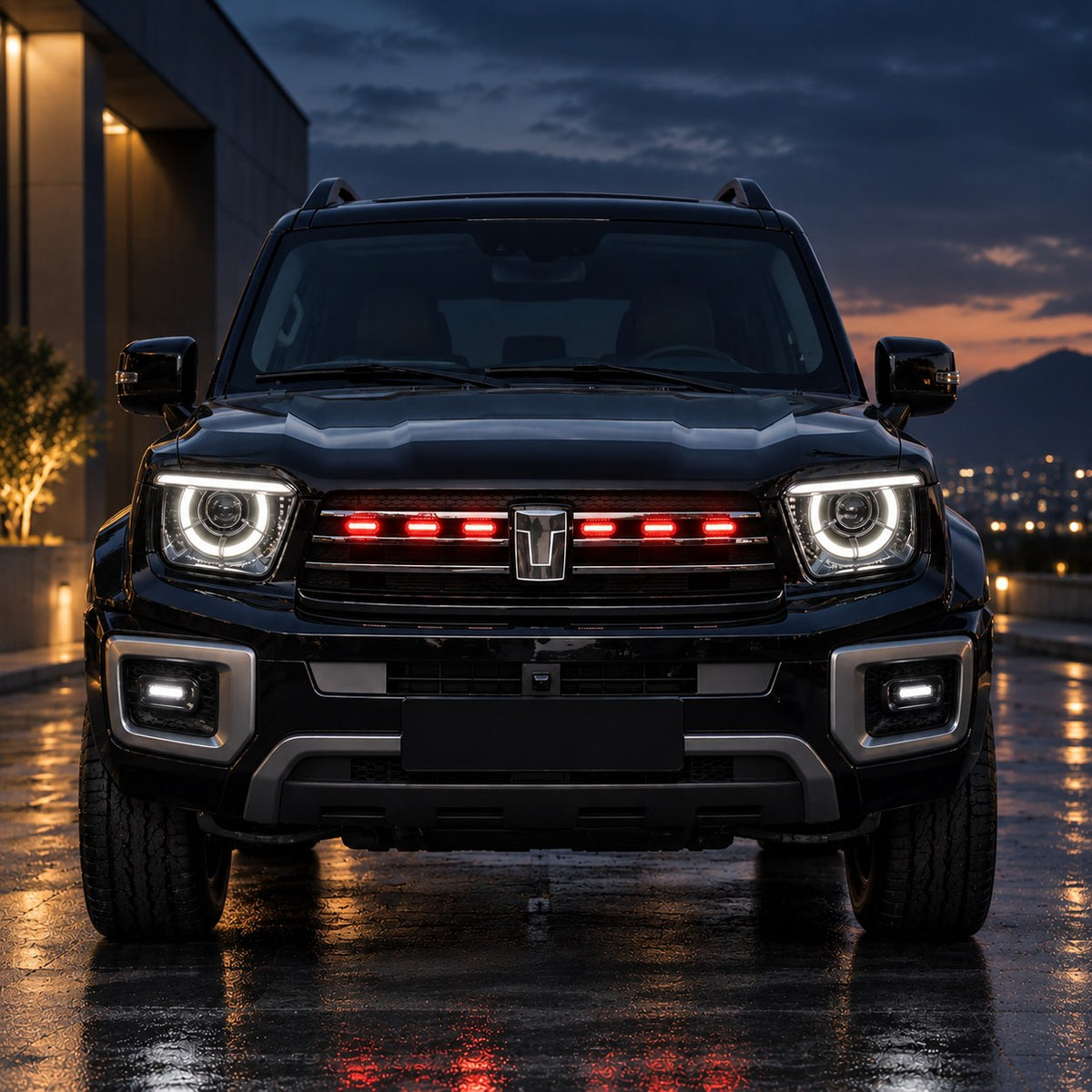 TANK 700 with six-piece red glowing emblem grille LED light strip installed