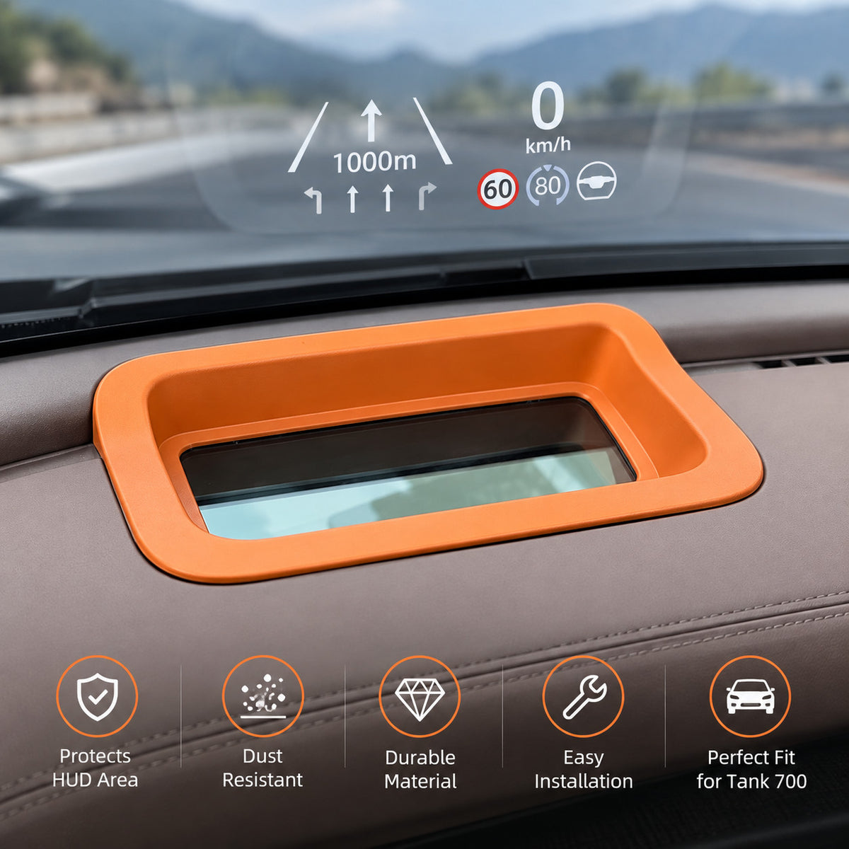 Tank 700 Hi4-T orange HUD protective cover showing protection, dust resistance, durability, easy installation, and precise fit
