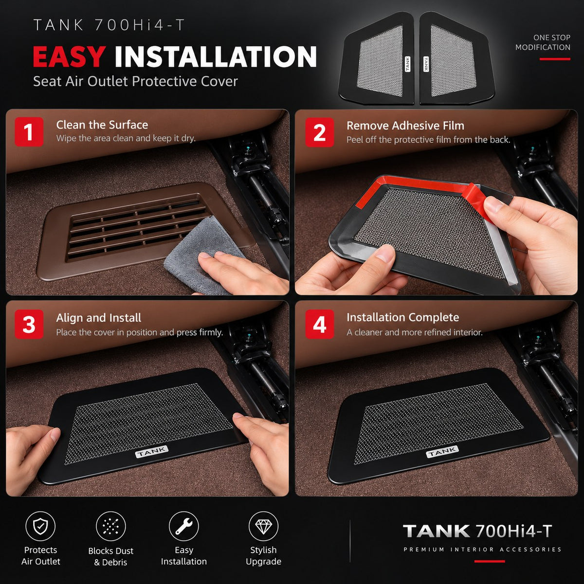 Four-step installation guide for the black TANK 700 Hi4-T seat air outlet protective cover