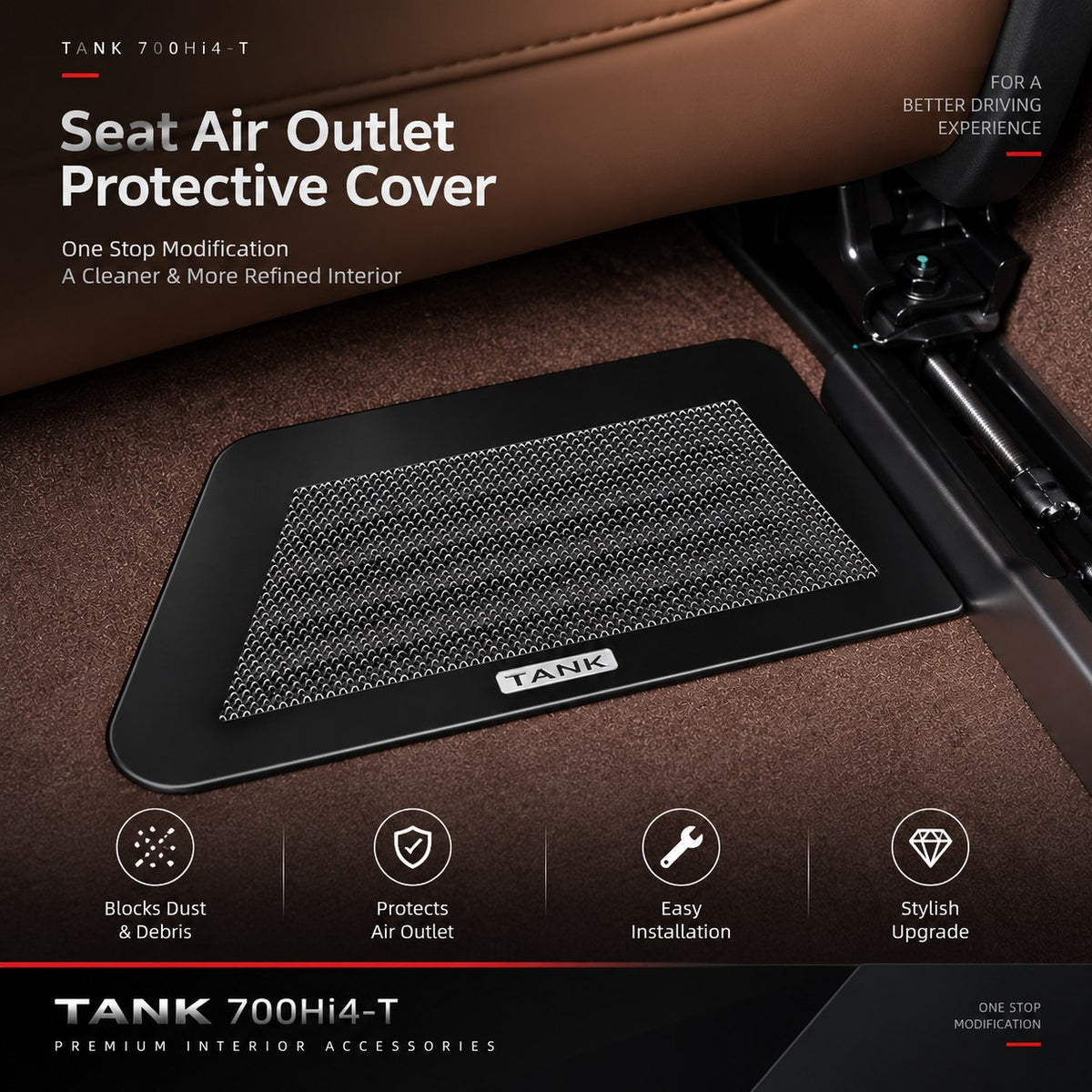 Black TANK 700 Hi4-T seat air outlet protective cover showing a one-stop interior modification