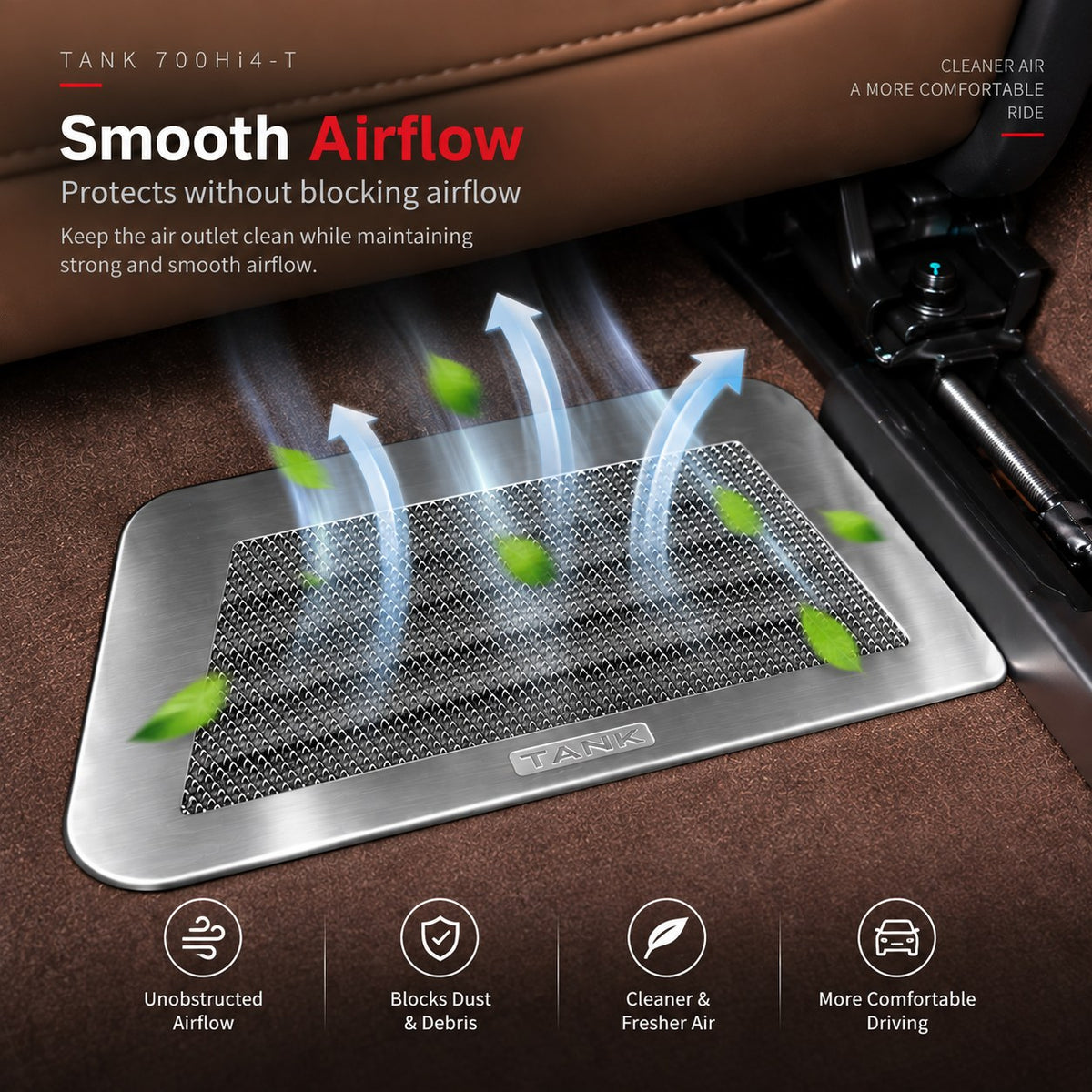 Silver TANK 700 Hi4-T seat air outlet protective cover demonstrating airflow and dust protection