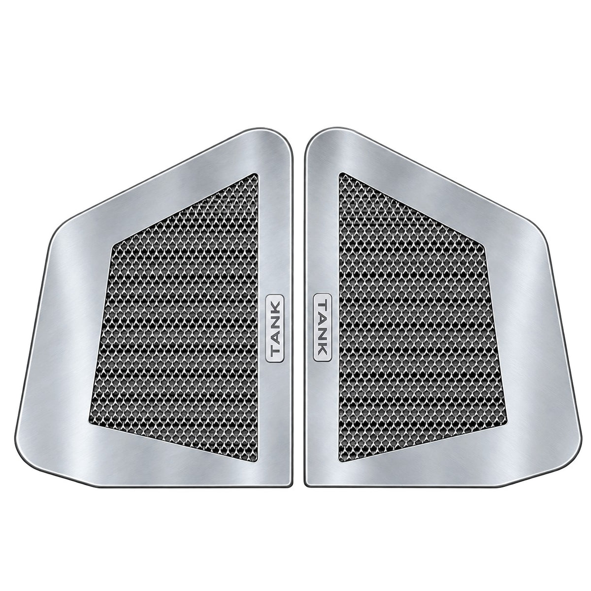 Silver TANK 700 Hi4-T seat air outlet protective cover pair with mesh grille and TANK logo