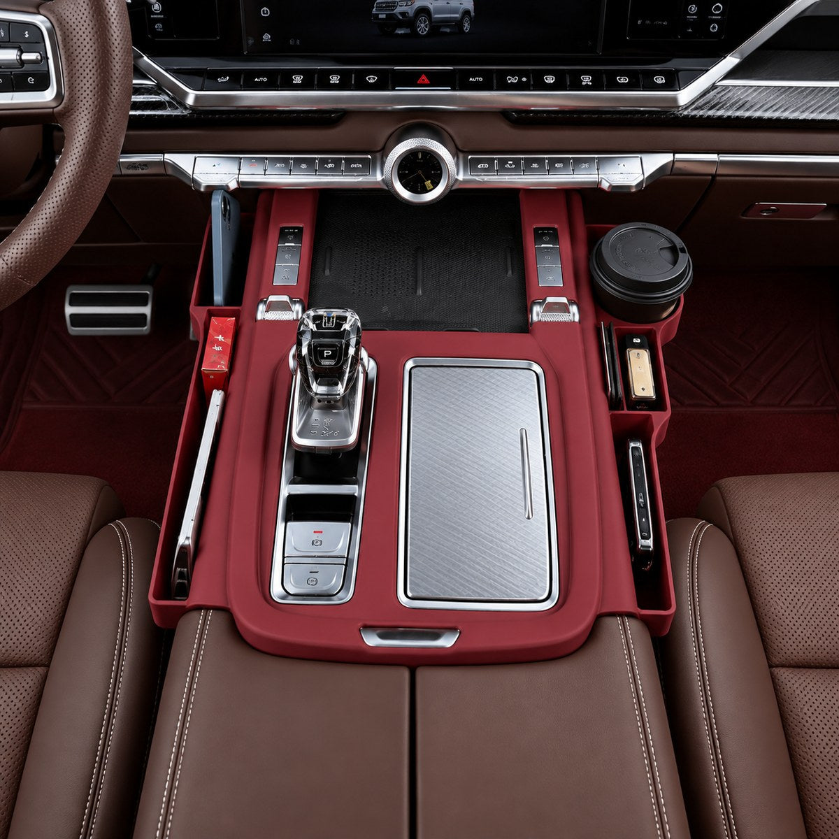 TANK 700 red interior storage box installed in centre console with organised compartments