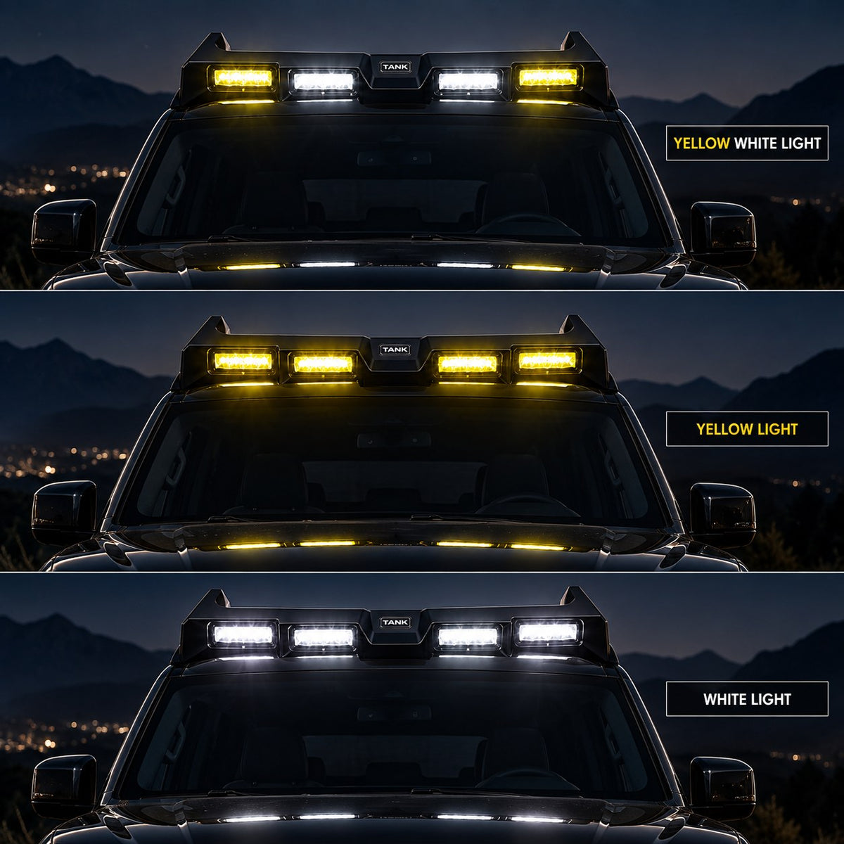 Great Wall TANK 700 four-eye roof spotlight installed showing yellow white, yellow, and white light versions at night