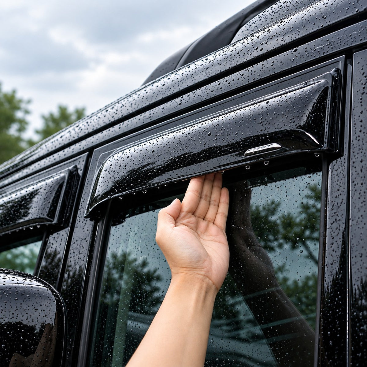 Great Wall TANK 700 window rain shield close-up with rain droplets and hand demonstration