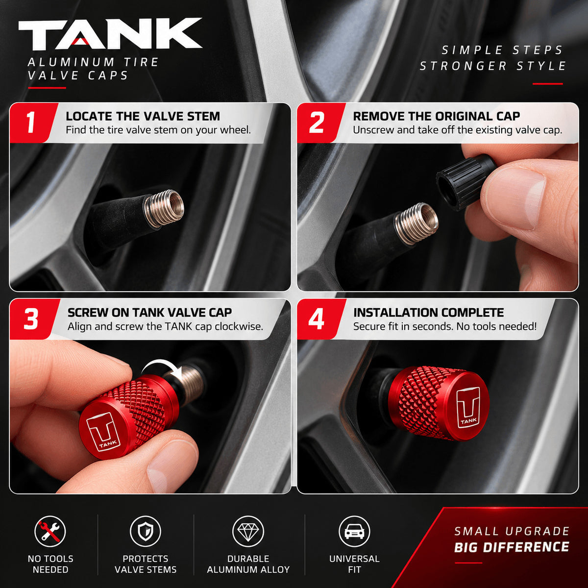 TANK aluminum tire valve caps installation guide showing the step-by-step fitting process