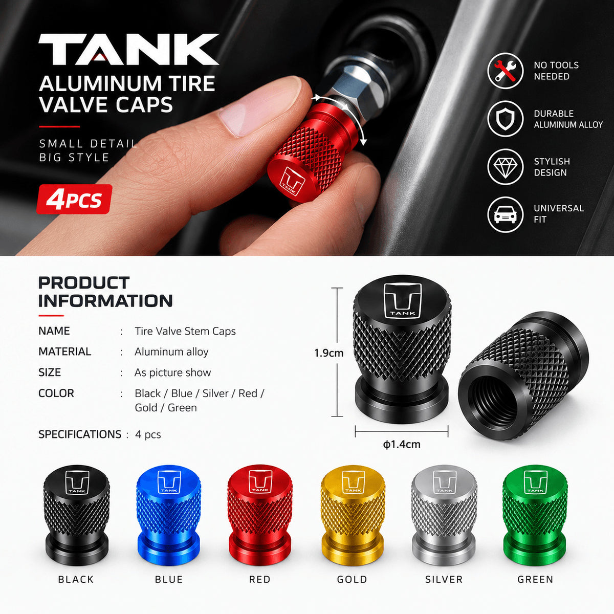 TANK aluminum tire valve caps showing product specifications, dimensions, material, and available colors