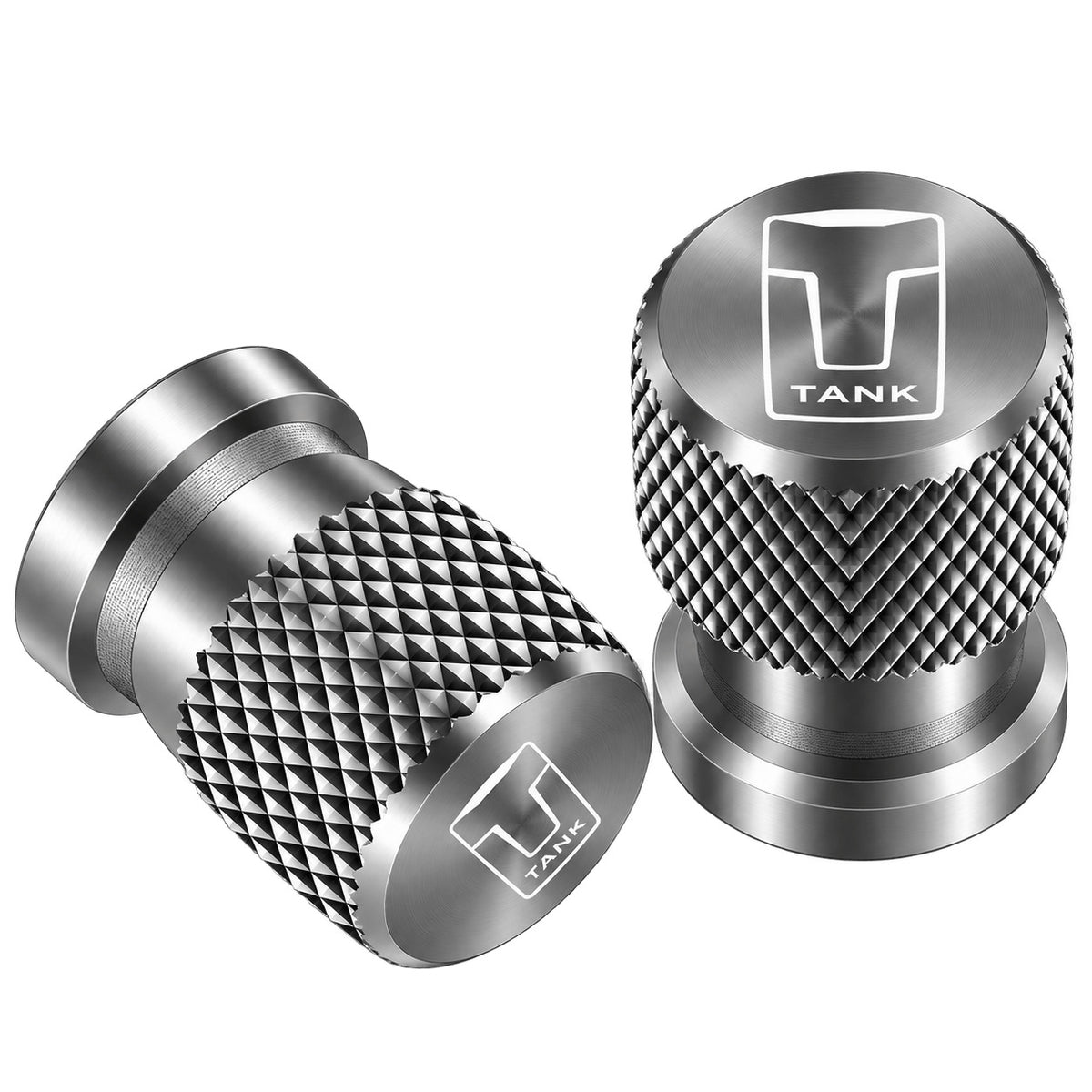 Two silver TANK aluminum tire valve caps with diamond knurled texture and TANK logo