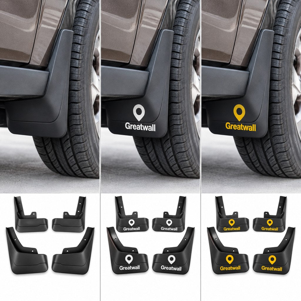Three styles of Great Wall King Kong Poer mud flaps shown installed behind a vehicle wheel, comparing plain black, white-logo and yellow-logo designs.