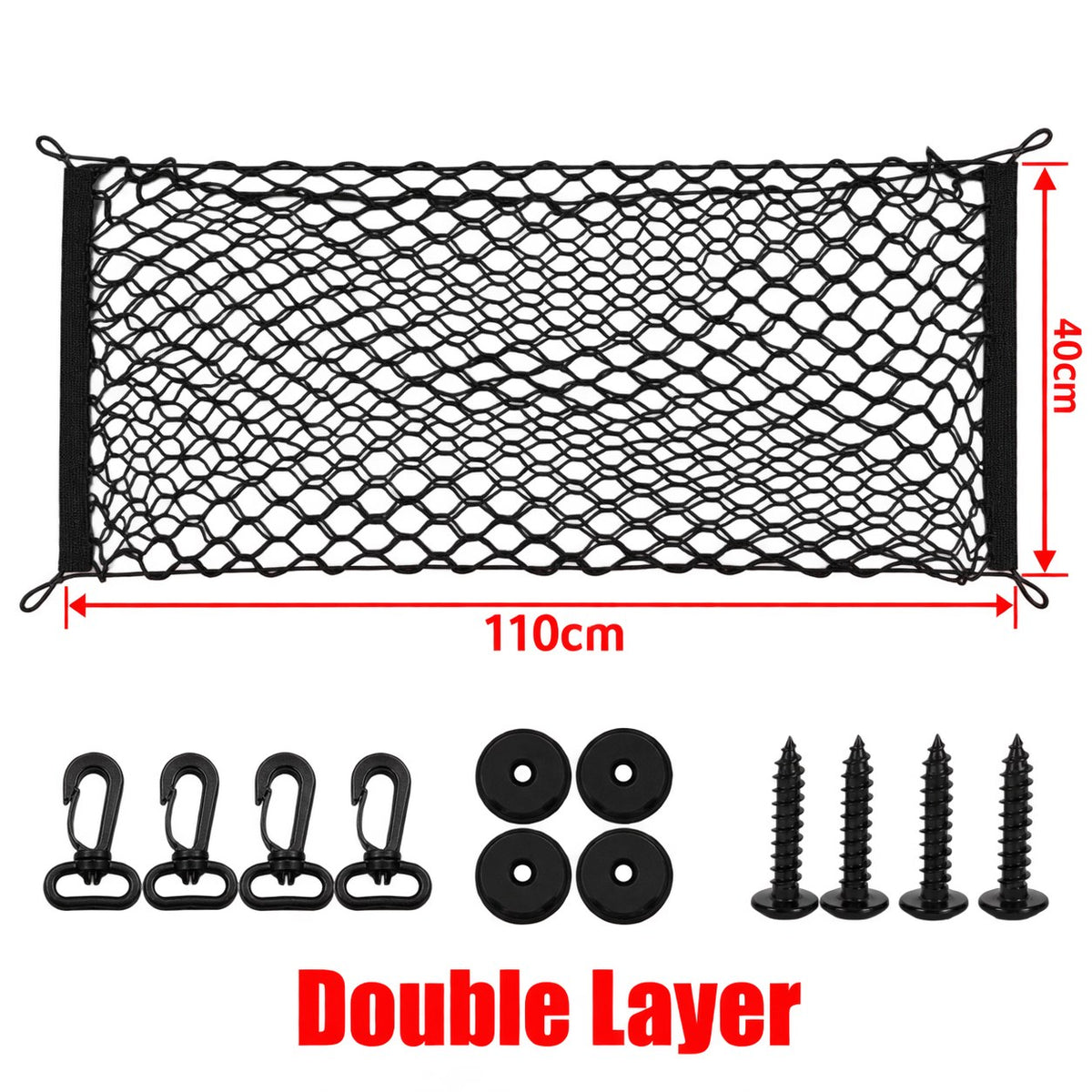 Truck cargo storage double layer net 110cm x 40cm with nylon mesh, hooks, washers and screws