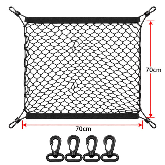 Truck cargo storage net 70cm x 70cm single layer with black elastic mesh and four hooks