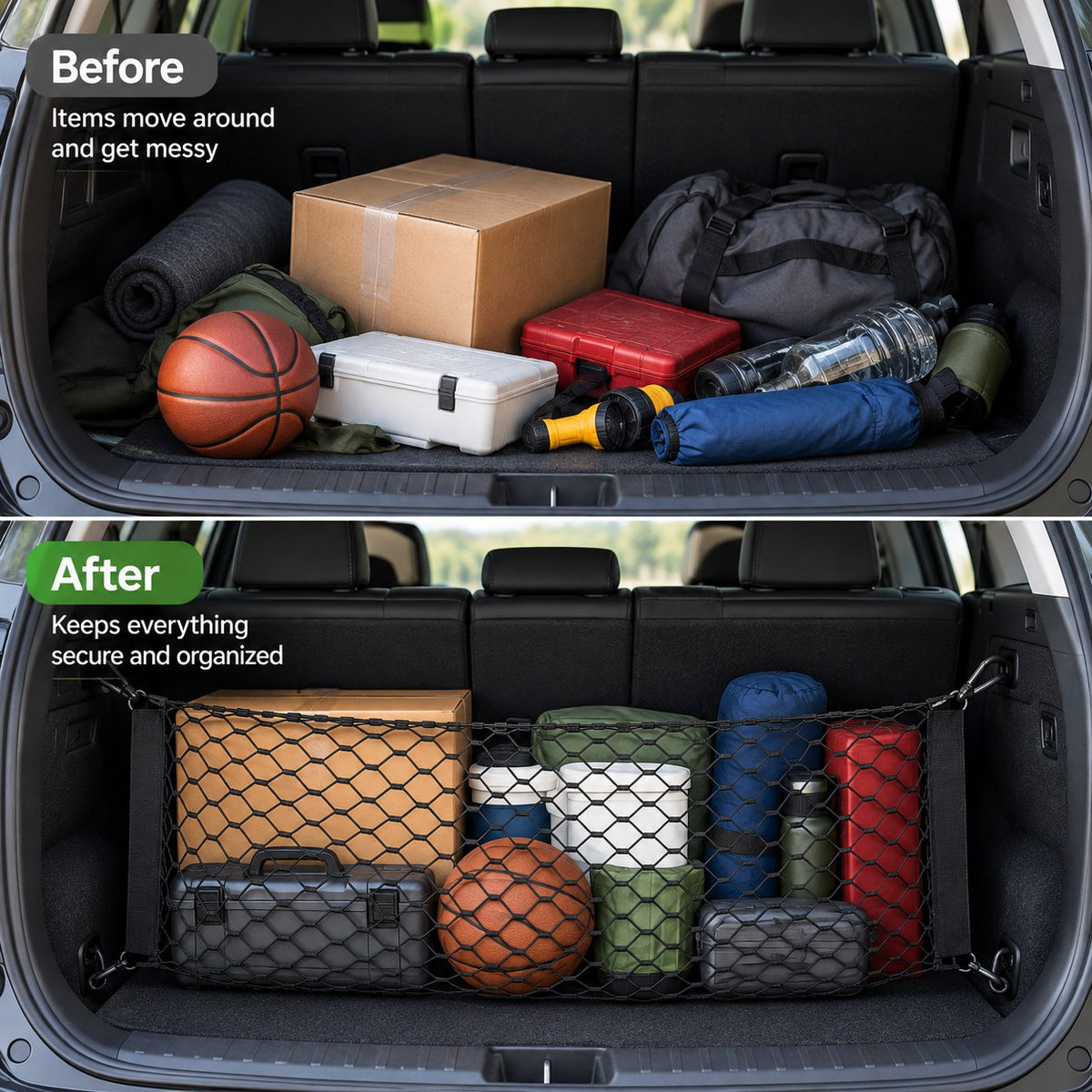 Truck cargo storage net showing cluttered and organized car trunk before and after installation