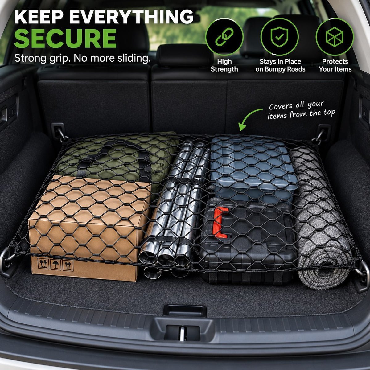 Truck cargo storage net stretched over boxes bags pipes and accessories to keep cargo secure and organized
