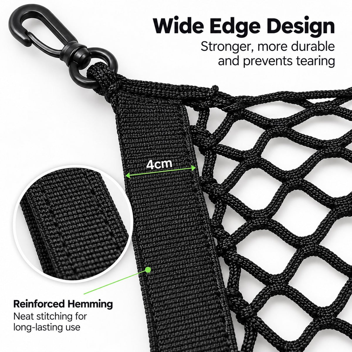Close-up of truck cargo storage net wide reinforced edge and durable nylon hemming design