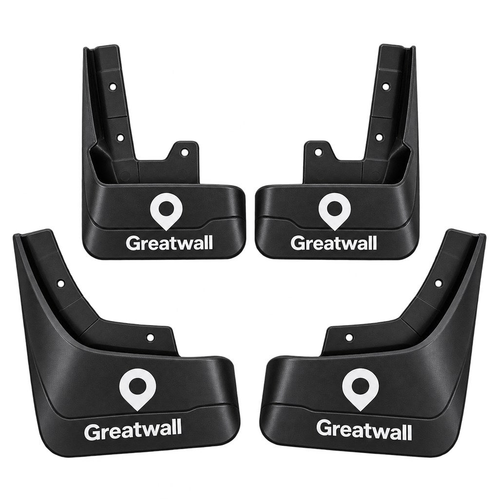 Great Wall King Kong Poer black mud flaps with white Greatwall branding, shown as a four-piece set with front and rear designs.