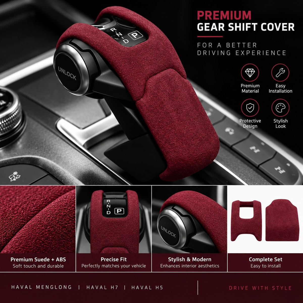 Wine red suede gear shift knob cover installed on HAVAL vehicle interior