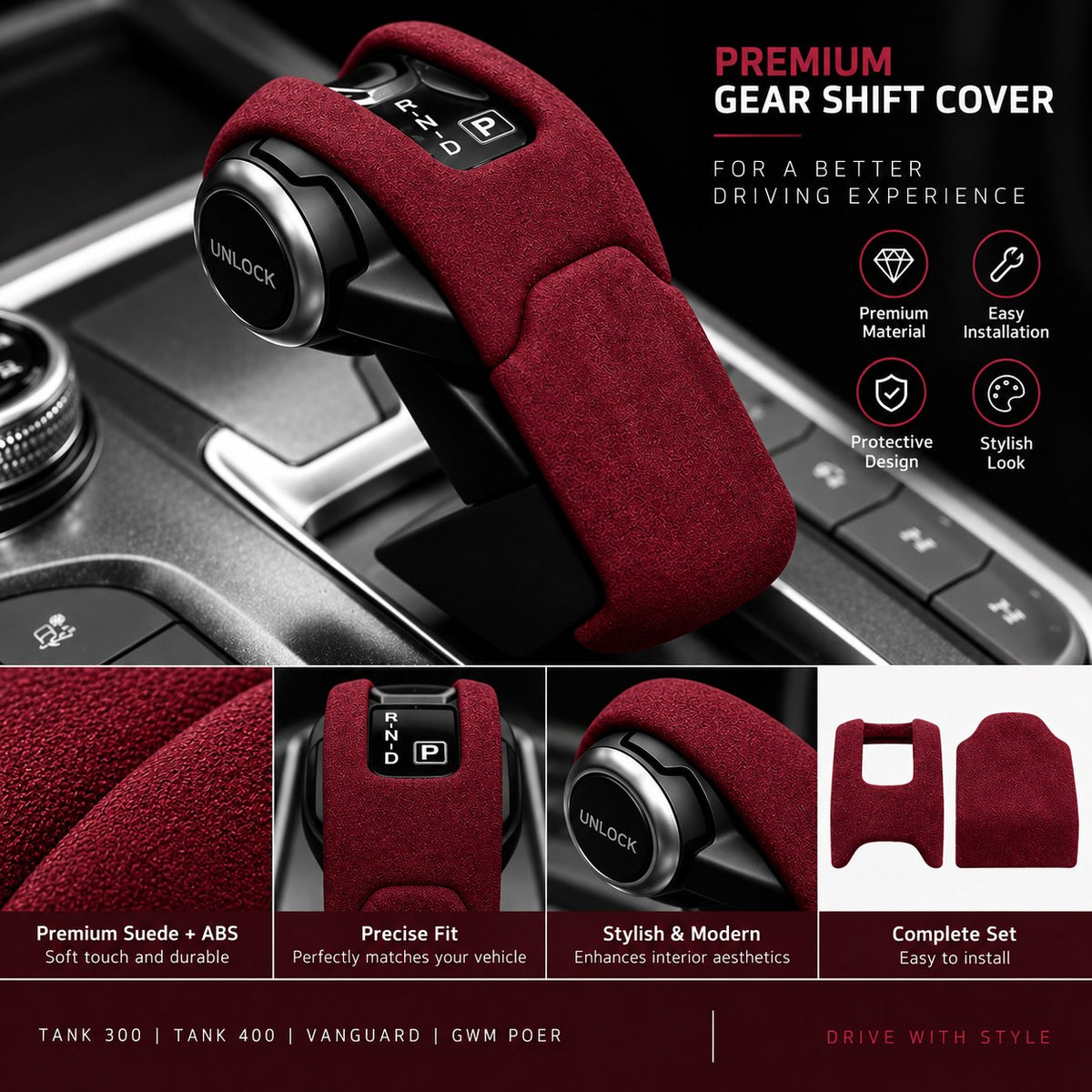 Wine red TANK gear shift cover with premium suede design and feature details