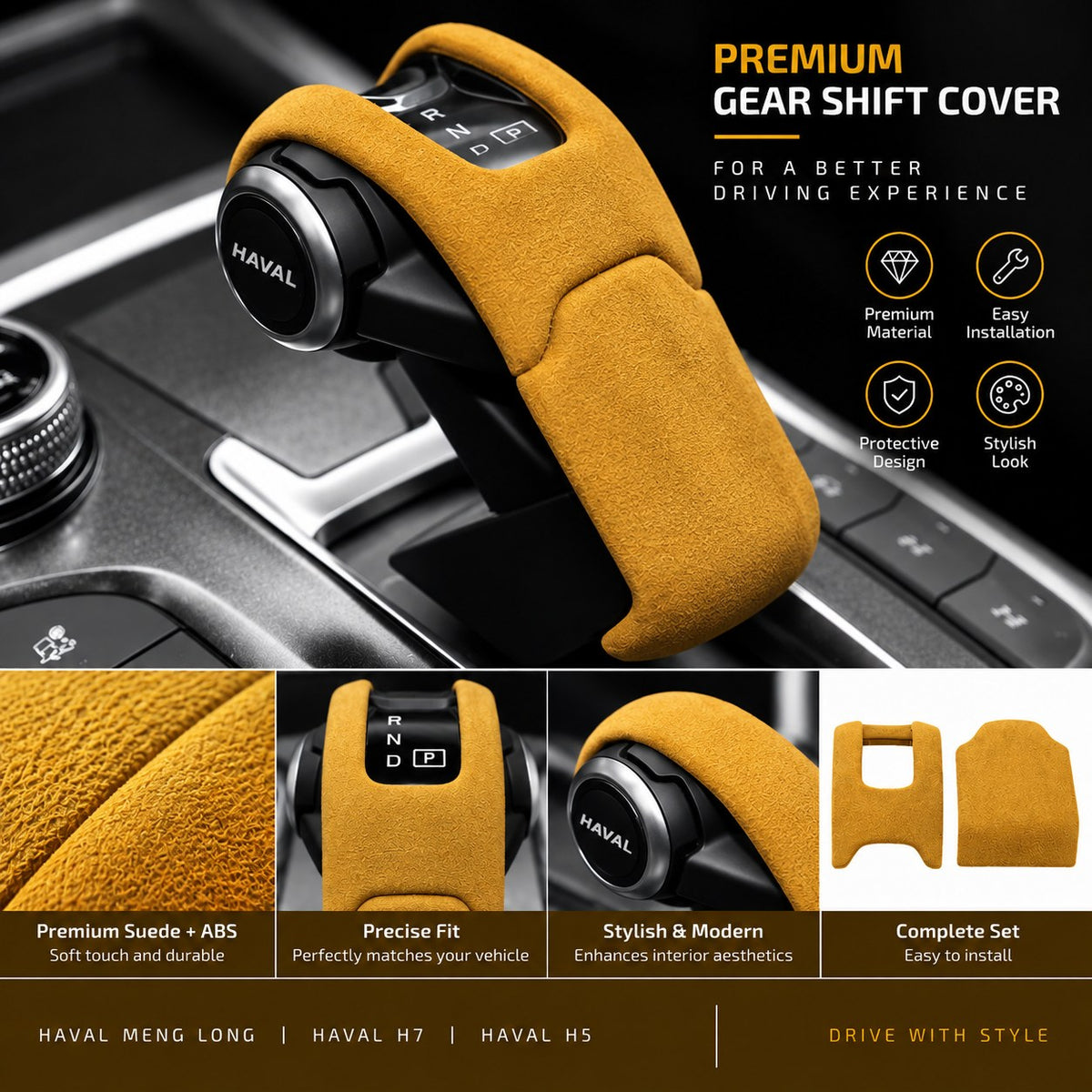 Yellow HAVAL gear shift cover with premium suede design and feature details
