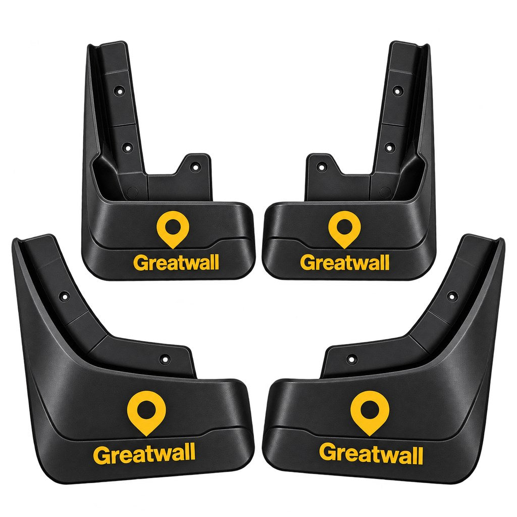 Black Great Wall King Kong Poer mud flaps featuring yellow Greatwall branding and a matching location-pin logo, displayed as a four-piece set.