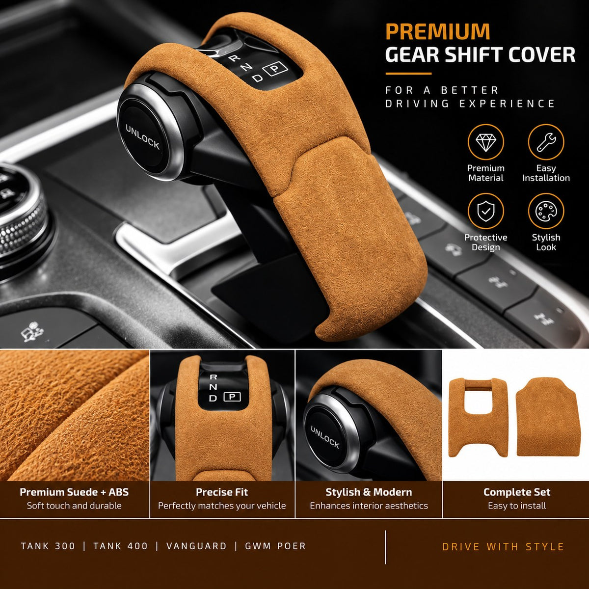 Yellow suede gear shift knob cover installed on TANK vehicle interior